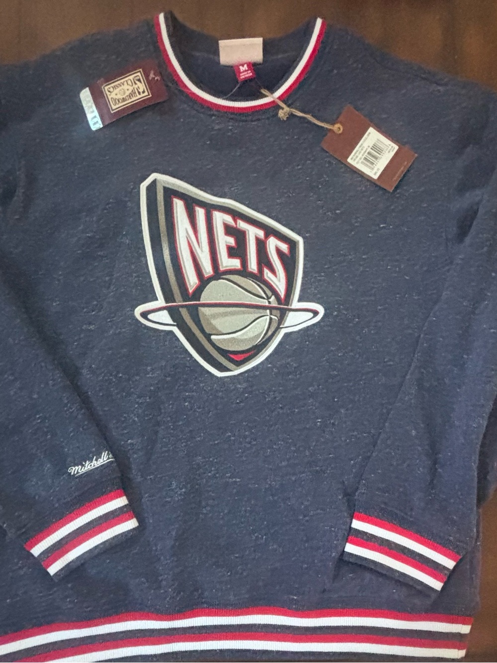 Mitchell & Ness Navy Nets Logo Crewneck with Red & White Trim